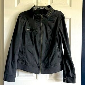 Gun metal grey bomber jacket with studded and zippered accents